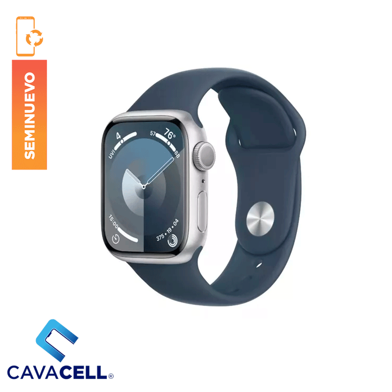 45MM-APPLE WATCH-SERIE 9-GPS CAJA PLATA / CORREA AZUL – (A+) (CABLE ORG)(CORREA ORG)