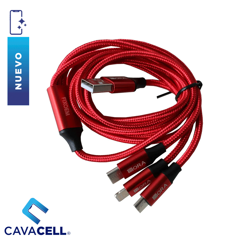 CABLE 1H USB-A – LIGHTNING / V8 / USB-C 1M-ROJO